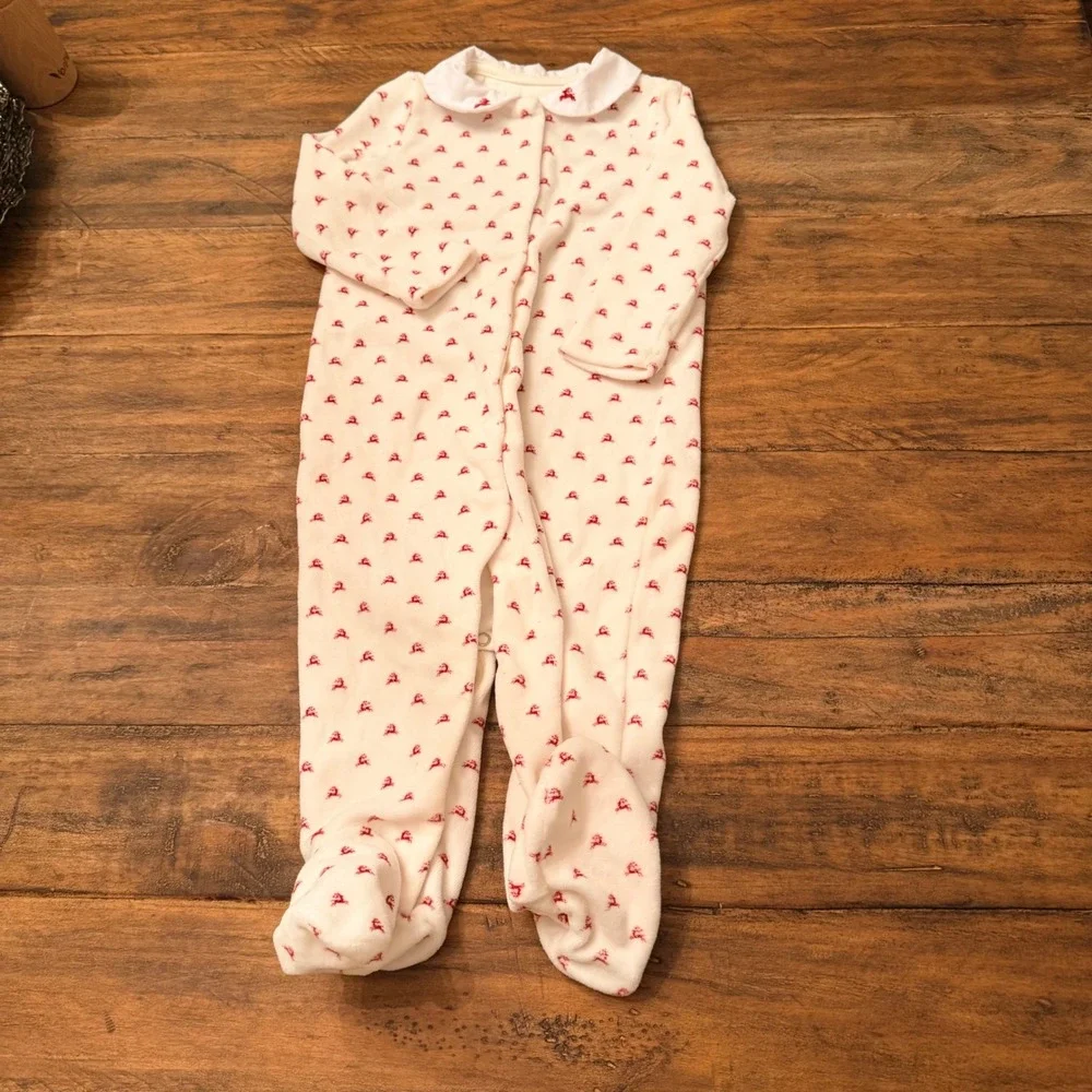 Ralph Lauren Baby 9M Reindeer Velour Footed Sleeper‎ Cream Red Peter Pan Collar